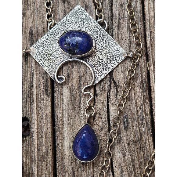 Vintage Sterling Silver & Blue Lapis Lazuli Modernist Pendant Necklace, 17" - Picture 6 of 10
